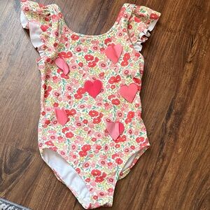 Mini Boden Floral Heart Kids Swim One Piece - Red and Pink